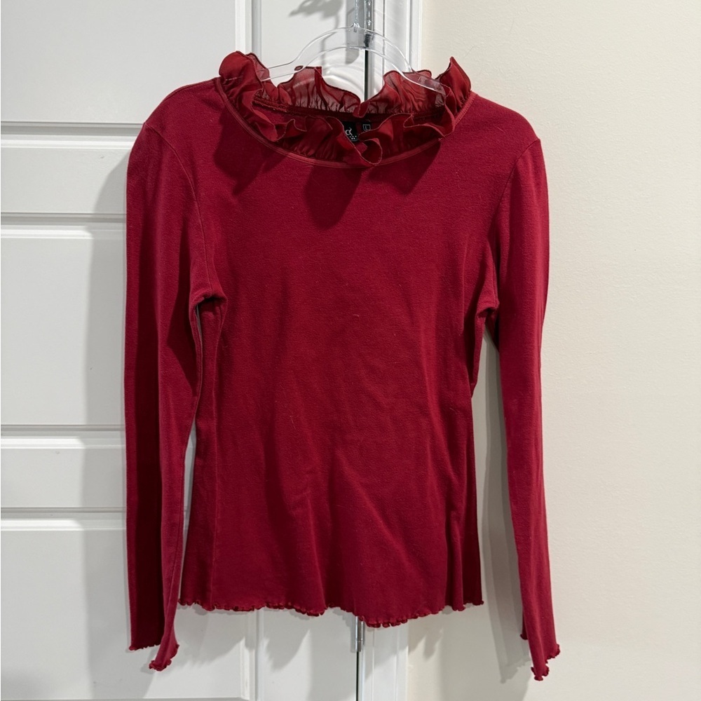 Red Ruffle Neck Long Sleeve Top Size L Fall Workwear Holiday Elevated Basic